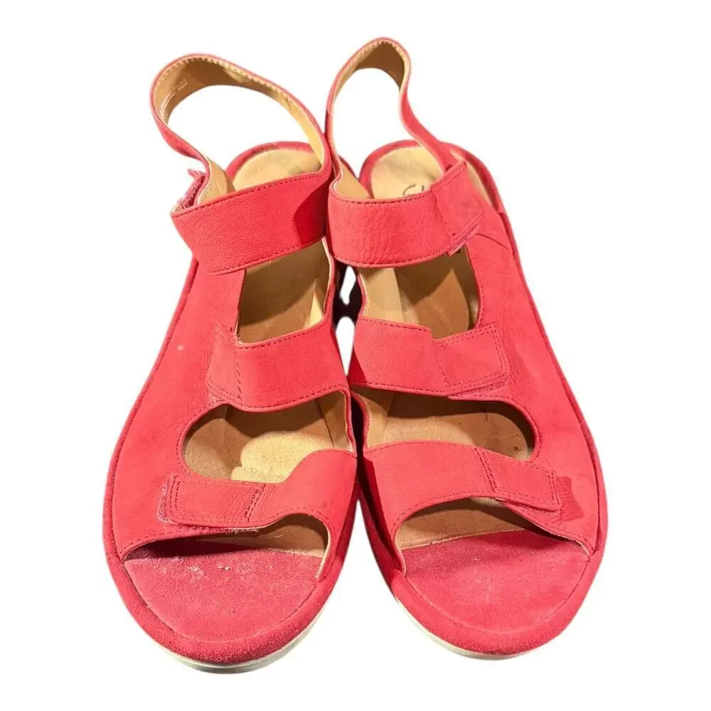 Clarks Women’s Reedly Juno Red Leather Nubuck Wedge Sandals Size 10 M